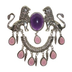 1970s Roman Revival Large Poured Amethyst Glass Brooch w/ Lions 7