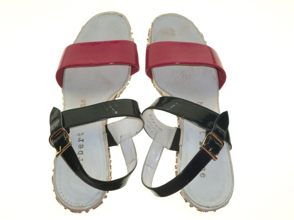 Herbert Levine 70s red white and blue patent leather platform sandals with gold stud embellishments.  Size 6.5 M.