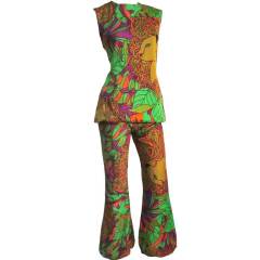 60s Psychedelic Lion Print Pantsuit with Back Lacing Detail