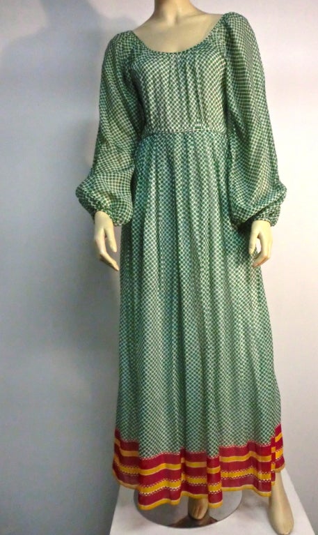 70s Cotton Batiste Border-Print Maxi Dress