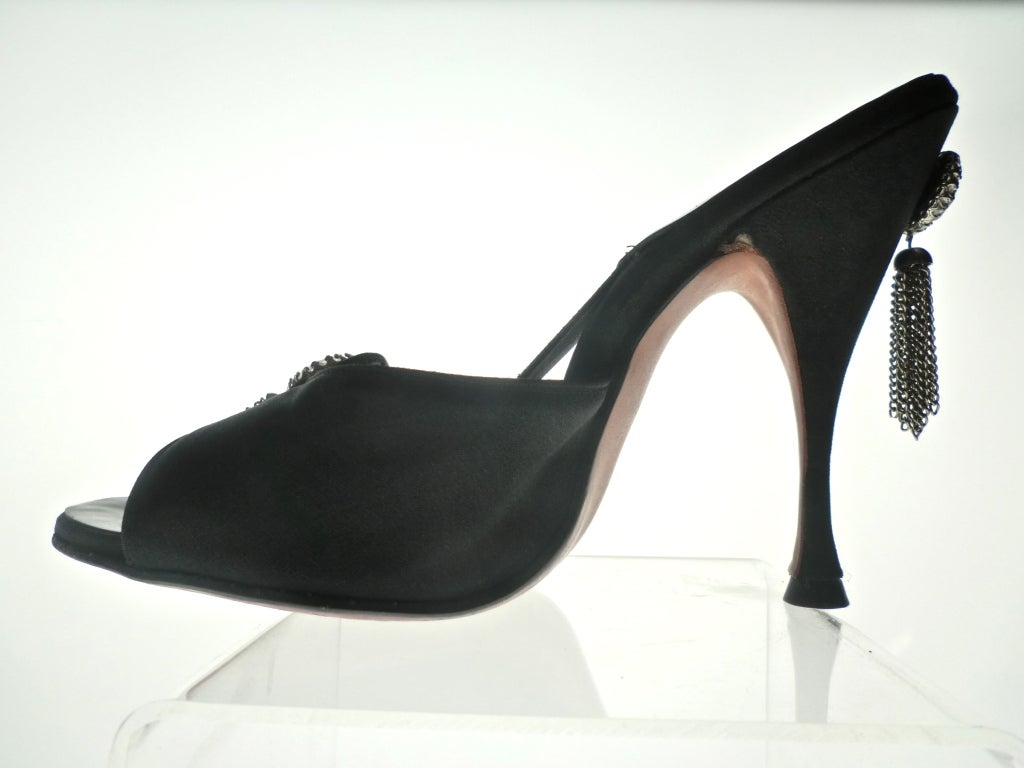 50s Fabulous Fredrick's of Hollywood black satin spring-o-lators with rhinestone and chain tassels at the throat and heel for a fetching, eye-catching sway.  Size 6.5M