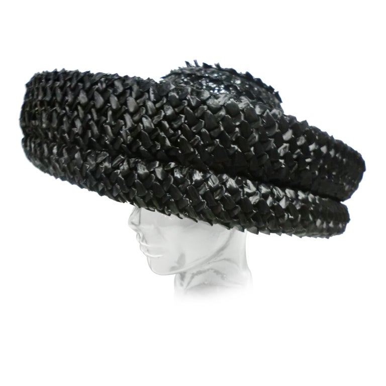 60s Large Black Woven Straw "Madeline" Hat