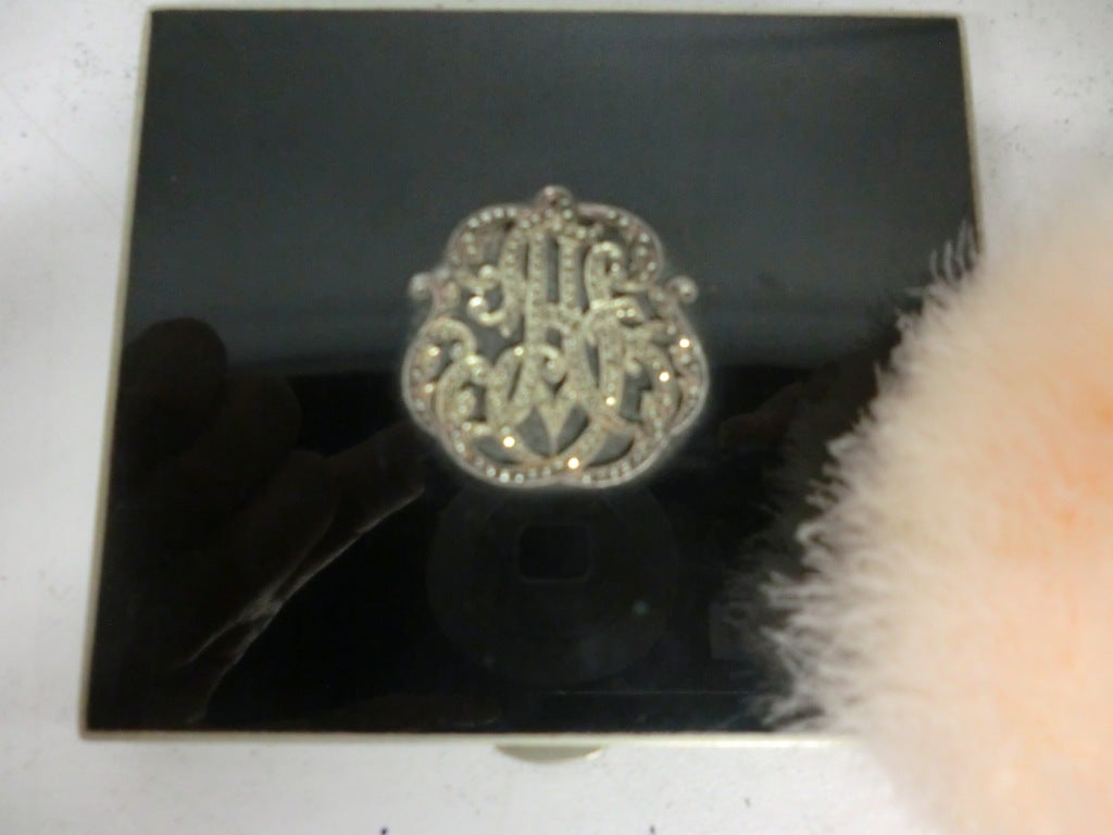 Black 20s Enameled Compact with Jeweled Monogram and Marabou Puff