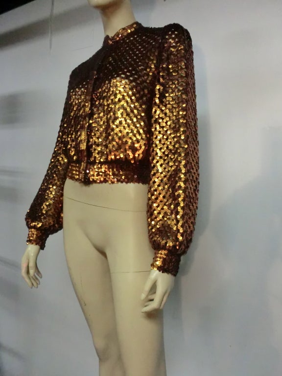 Women's 70s I. Magnin Bronze Sequin Knit Mesh Button Up Sweater