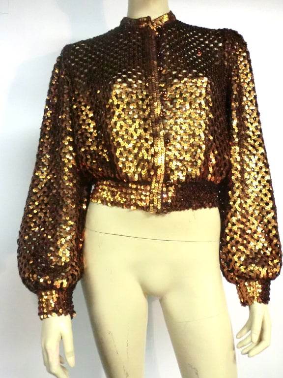 70s I. Magnin Bronze Sequin Knit Mesh Button Up Sweater 1