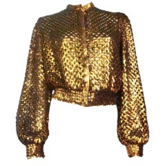 Vintage 70s I. Magnin Bronze Sequin Knit Mesh Button Up Sweater