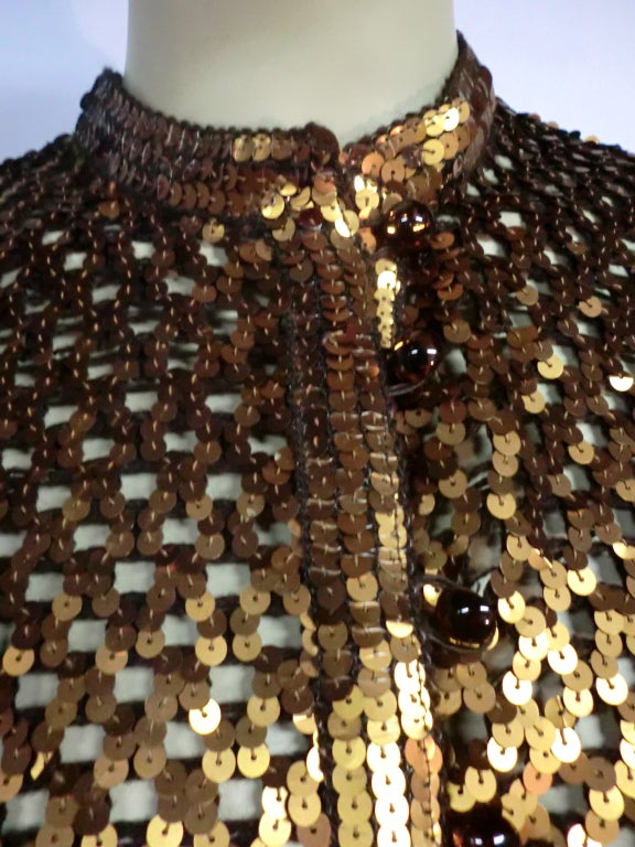 70s I. Magnin Bronze Sequin Knit Mesh Button Up Sweater 2