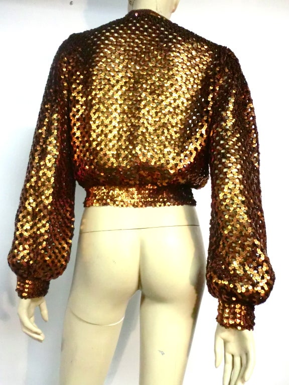 70s I. Magnin Bronze Sequin Knit Mesh Button Up Sweater 3