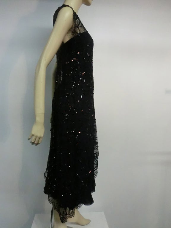 Black 70s Stavropoulos Back Silk Dress w/ Sequin Chantilly Lace