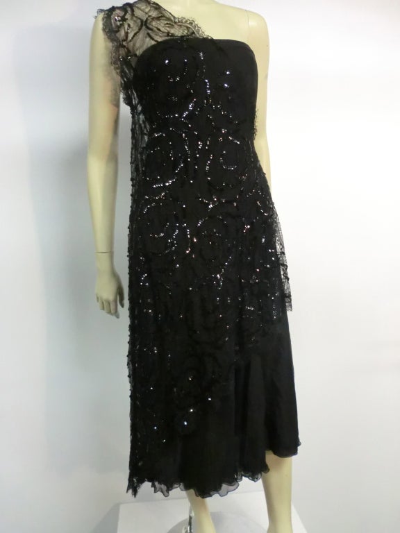 Women's 70s Stavropoulos Back Silk Dress w/ Sequin Chantilly Lace