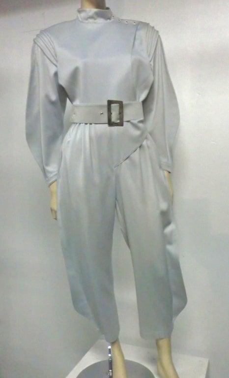 Thierry Mugler futuristic silver wool gabardine jumpsuit in a size 36.  Includes original belt.