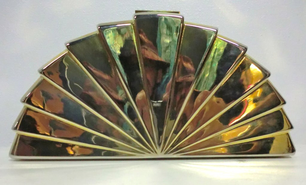 Fantastic!  70s I. Magnin polished metal, fan-shaped purse with convertible strap for a shoulder bag or a clutch.