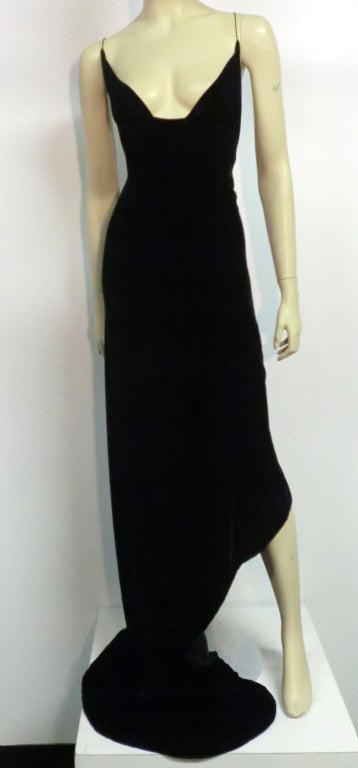 A seriously sexy 90s Richard Tyler liquid silk velvet gown in black with low front draped décolletage and plunging laced back.