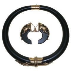 80s Designer French Faux Ebony Metal Work Collar and Earrings