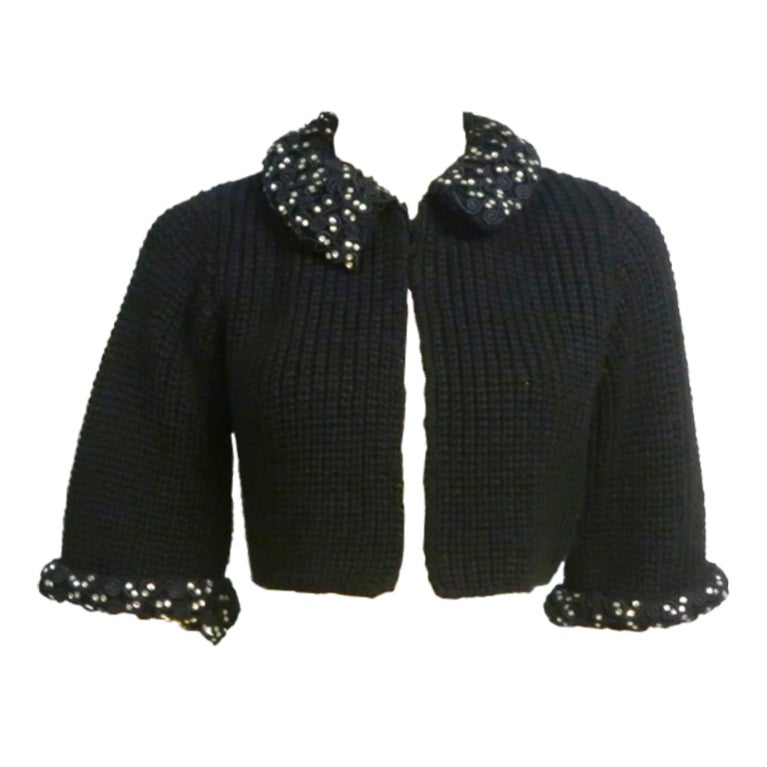 50s Knit Evening Sweater with Rhinestone and Lace Details at 1stdibs