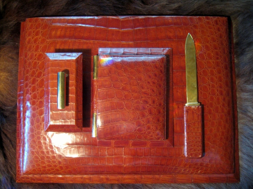 1940's Crocodile Desk Set in Cognac with Brass Hardware