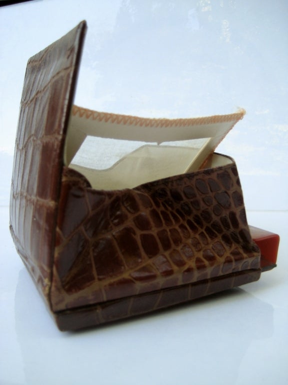 1940's Embossed Crocodile Compact with Bakelite Mirror Slide 5