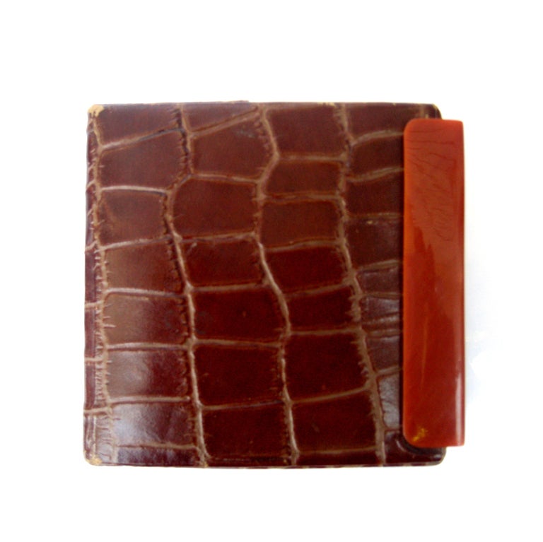 1940's Embossed Crocodile Compact with Bakelite Mirror Slide