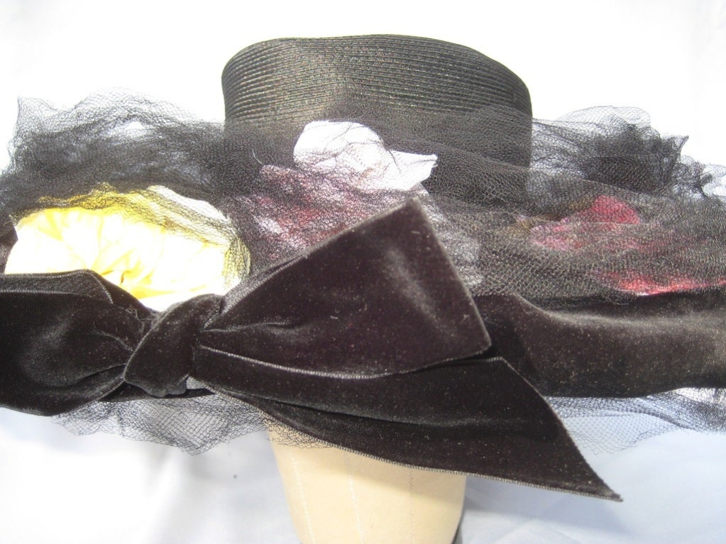 Women's 1950's Dramatic Sheer Straw & Silk Flower Trimmed Hat with Tulle