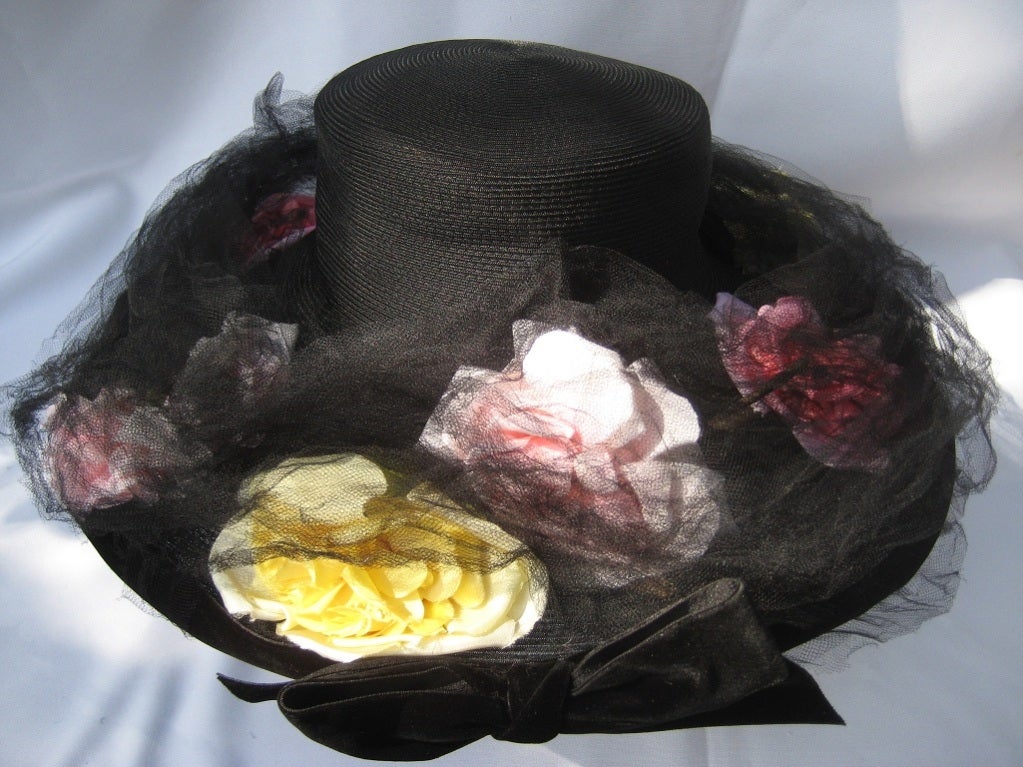 1950's Dramatic Sheer Straw & Silk Flower Trimmed Hat with Tulle 1