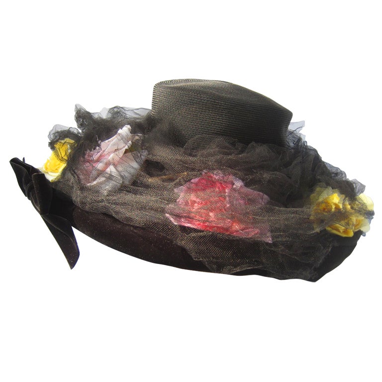 1950's Dramatic Sheer Straw & Silk Flower Trimmed Hat with Tulle