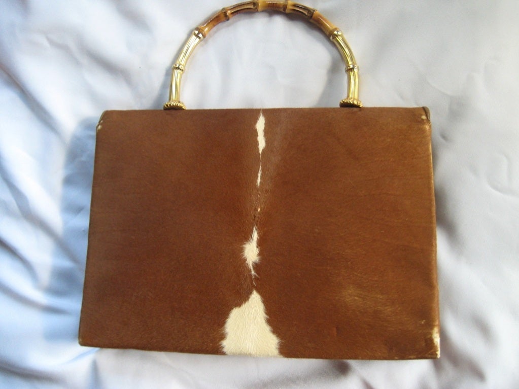 Women's 1950's Exceptional Calf Fur and Gilt Bamboo Handle Bag by Koret