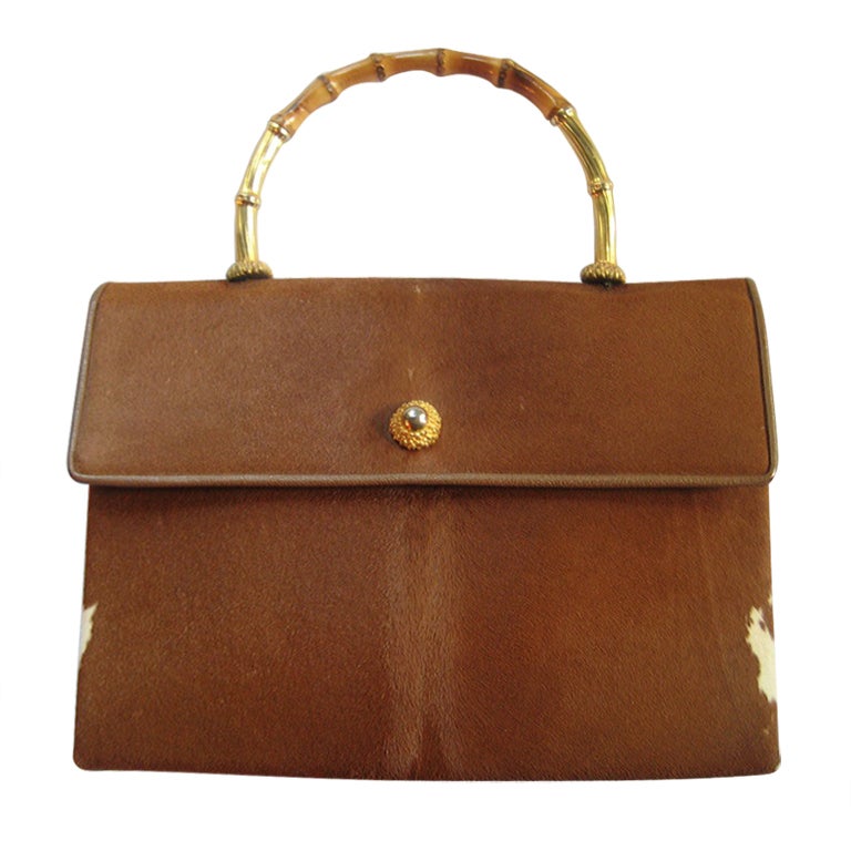1950's Exceptional Calf Fur and Gilt Bamboo Handle Bag by Koret