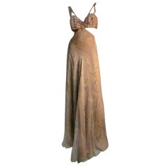 Bill Blass Paisley Chiffon Beaded Gown with Sexy Bare Midriff