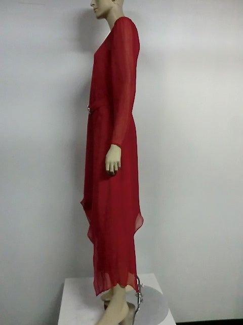 Women's Adolfo 70s Vivid Red Silk Gown w/ Butterfly Hem and Rhinestones
