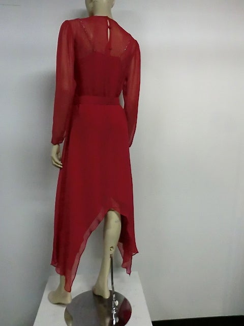 Adolfo 70s Vivid Red Silk Gown w/ Butterfly Hem and Rhinestones 1