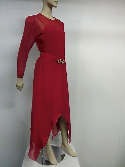 Adolfo 70s Vivid Red Silk Gown w/ Butterfly Hem and Rhinestones 2