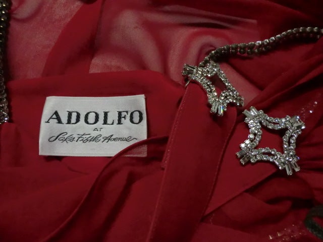 Adolfo 70s Vivid Red Silk Gown w/ Butterfly Hem and Rhinestones 4