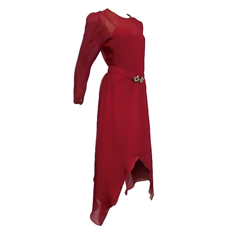 Adolfo 70s Vivid Red Silk Gown w/ Butterfly Hem and Rhinestones