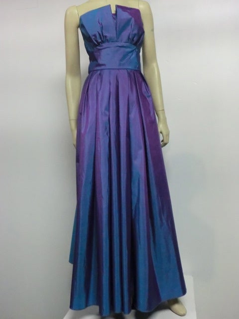 A late 70s, early 80s Christian Dior strapless silk taffeta ballgown in purple/blue with 