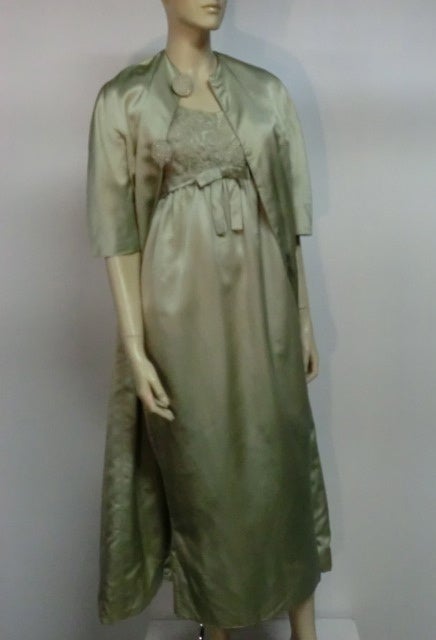 Gray 60s Silk Beaded Empire Ball Gown and Matching Coat