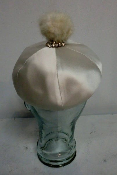Women's Jan Leslie Silk Satin Cocktail hat w/ Fur Pouf and Rhinestones