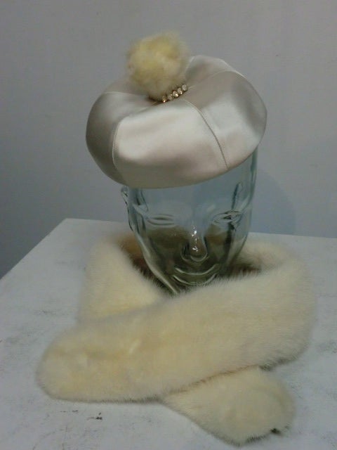 An adorable Jan Leslie 50s champaign silk satin beret style cocktail hat with rhinestone 