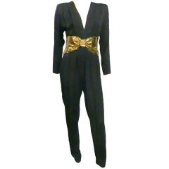 I.Magnin Black Rayon Crepe Jumpsuit w/ Gold Mesh Waistband