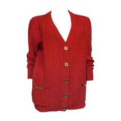 Celine 70s Cardigan Sweater in Vivid Red with Gold Hardware