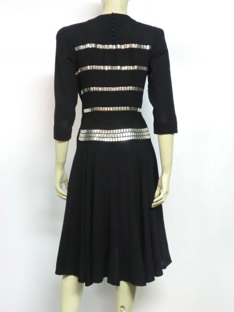 Women's 40s Black Wool Fit-and-Flare Dress with Incredible Silver Studs