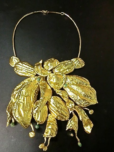 Incredible Lisa Sotilis Gold, Jade and Vermeille bib necklace in organic leaf forms constructed in Greece of gold in varying carat weights. The necklace in total weighs 220 grams.  Colossal sculptural piece of leaf and organic forms is studded with