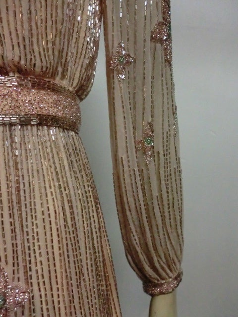 Brown Alfred Bosand 70s Beaded Pale Pink Silk Maxi Dress