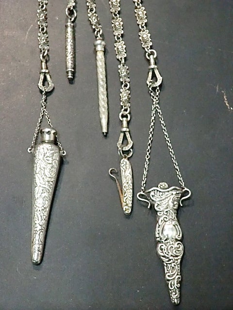 Women's Sterling Chatelaine in Florentine Style with 5 Useful Items