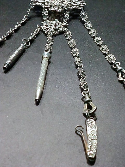 Sterling Chatelaine in Florentine Style with 5 Useful Items 5