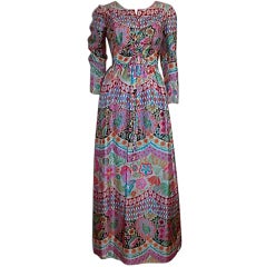 60s Elizabeth Arden Mod Print Silk Maxi Dress w/ Lace-Up Front