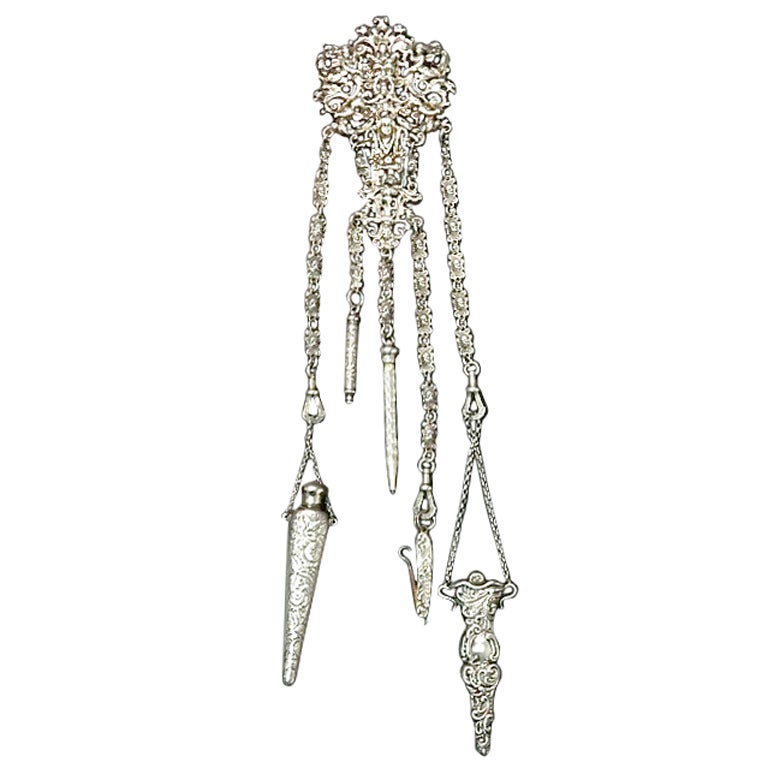 Sterling Chatelaine in Florentine Style with 5 Useful Items