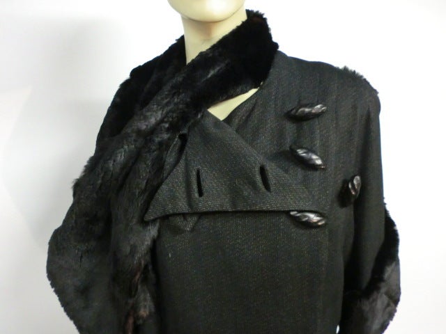 30s Art Deco Wool Coat with Sheared Beaver and Amazing Buttons 4