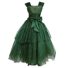 Vintage 50s Kelly Green Silk Chantilly Lace and Satin Tea Length Gown