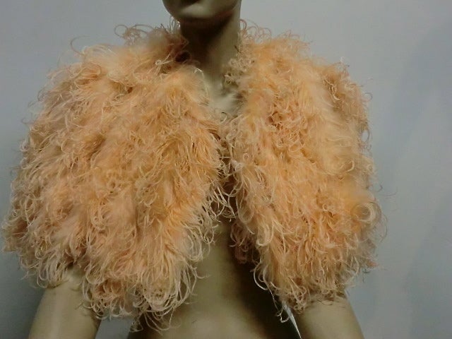 A gorgeous little curled ostrich feather silk lined capelet in pale peach.  Labeled 