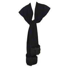60s Black Wool Knit Evening Wrap with Black Fox Trim